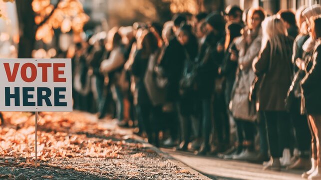 Vote here sign beside a long line of people waiting outdoors along a sunlit sidewalk with autumn leaves and shallow depth of field