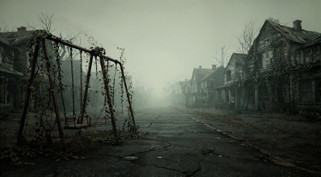 Abandoned Haunted House and Swing Set in Foggy Cemetery Street