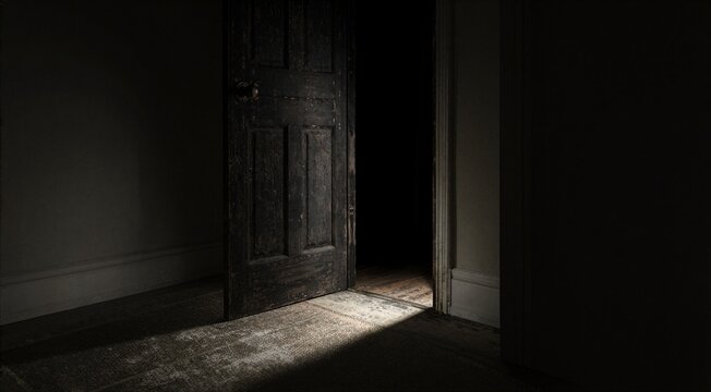 Mysterious Open Doorway in Dark Room with Dramatic Light Shadow