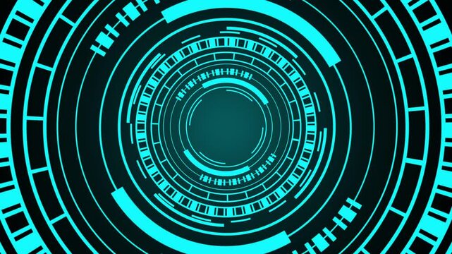 HUD interface animation displays concentric rings and segmented tracks on dark. Tracking data coordinates guide HUD interface. Control consoles operate with interface.