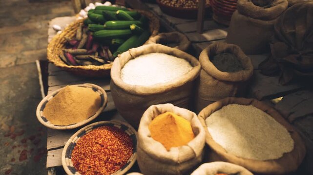 A bustling market showcases an array of colorful spices in burlap sacks, alongside fresh vegetables like zucchini and eggplant. The atmosphere buzzes with life and rich aromas.