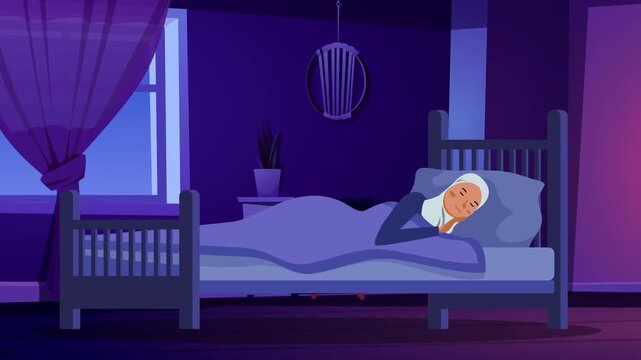 Peaceful Muslim woman sleeping soundly in comfortable bed during quiet night inside cozy bedroom animation footage