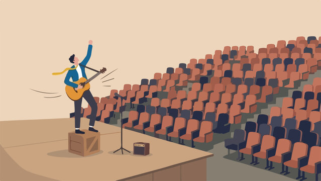 Dunning Kruger effect illusion of mastery concept beginner guitar player standing triumphantly on soapbox after strumming single open chord while concert hall sits empty clean minimal flat vector