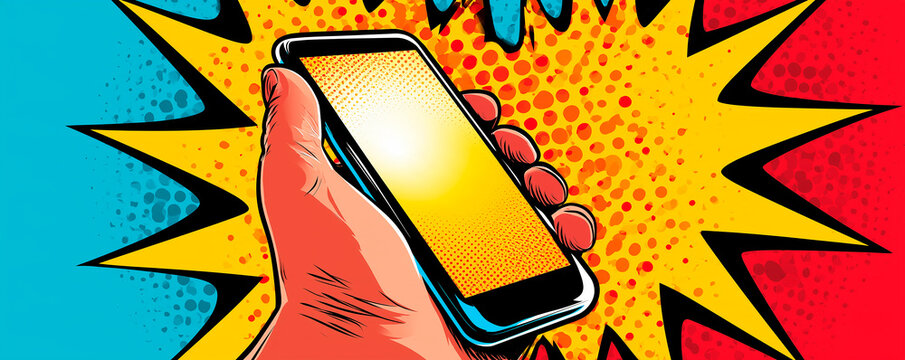 Retro comic hand holding smartphone on orange halftone explosion, pop art mobile technology wide banner