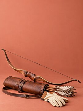 Recurve Bow Leather Quiver and Cream Gloves on a Muted Coral Surface