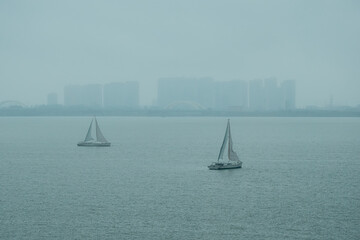Two sailboats gliding on misty urban waterfront with hazy city skyline in background © Percy Lou