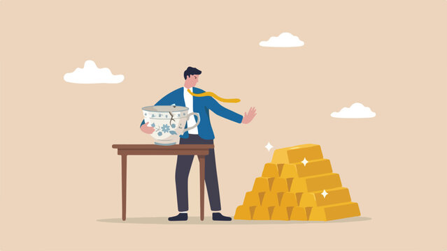 Endowment effect personal attachment concept antique owner rejecting large stack of gold ingots to keep chipped porcelain teacup resting on table clean minimal flat vector illustration