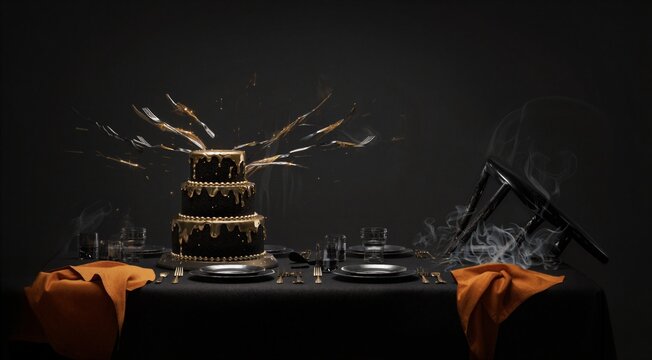 Luxury Wedding Cake Explosion with Gold Splashes on Elegant Dinner Table
