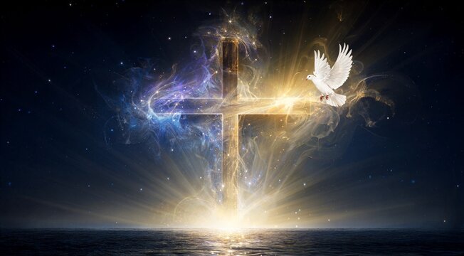 Holy Spirit Dove and Glowing Cross in Space Nebula over Ocean