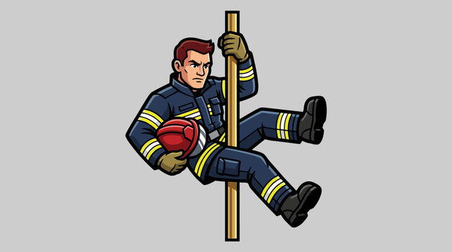 Heroic fireman sliding down brass pole at fire station.