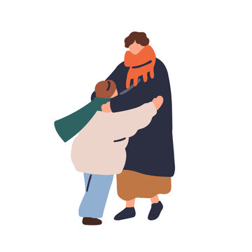Mother and kid hug, winter family on street. Mom hugs child outdoor, warm embrace in cold season. Mother with kid together, parent care and warmth. Flat vector illustration isolated on white