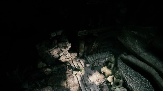 Amidst shadows and ancient stone, steps lead deeper into the forgotten ruins. Dim light reveals weathered sculptures and hints of a once glorious past waiting to be discovered.