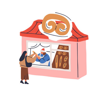 Christmas market shop, bakery house, winter food stall on street. Christmas bakery shop at holiday fair. Isolated market stall with Xmas food. Festival booth, chalet, snack store. Vector illustration