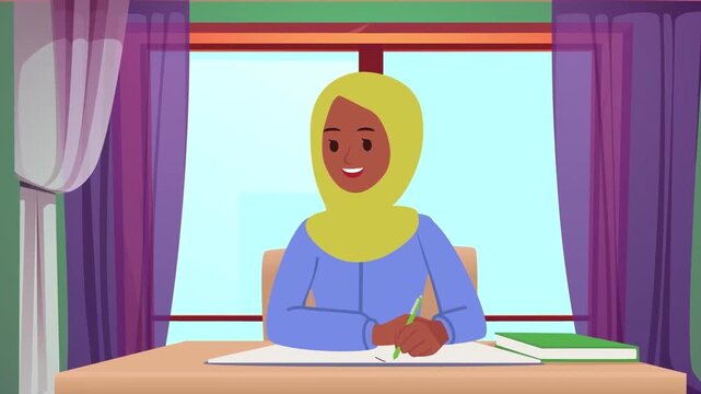 Animated Muslim girl writing in a notebook at her desk during online study session vector motion footage