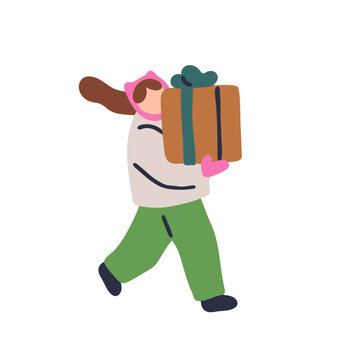 Girl with Christmas present box, carrying gift. Kid walking in winter with Christmas gift box after holiday shopping. Child with surprise present for xmas. Flat vector illustration isolated on white
