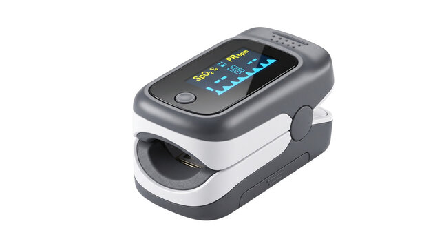 Digital pulse oximeter for oxygen saturation monitoring, portable medical blood oxygen monitor device, healthcare equipment on white background