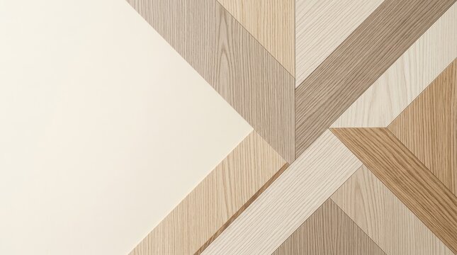 A geometric pattern is created using wood panels in a light beige and natural wood color scheme. The design features interlocking triangles and rectangles, creating a layered and textured effect.