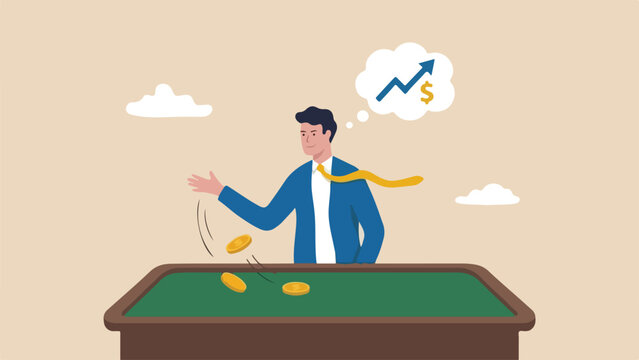 Hot hand fallacy false streak concept gambler tossing three gold coins onto velvet table convinced winning run cannot end clean minimal flat vector illustration