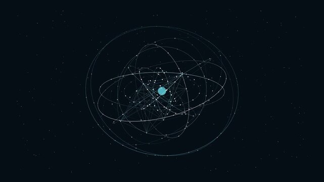 Futuristic 3D atom model rotating with glowing electron orbits and particle matrix in deep space molecule