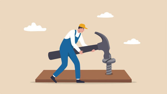 Law of the instrument functional fixation concept handyman trying to turn slotted screw using claw end of heavy iron hammer clean minimal flat vector illustration
