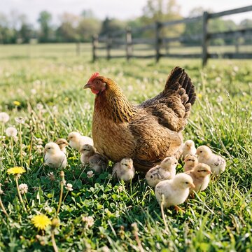 A mother hen surrounded by yellow baby chicks grazing together in a sunny green pasture with a wooden fence.  