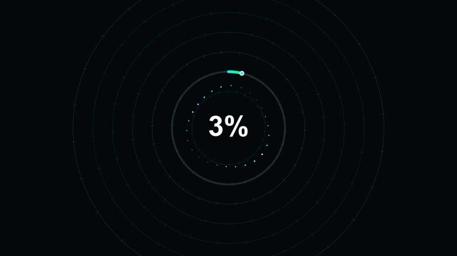 Futuristic circular progress bar animation with percentage counter on dark background, for technology and, data interface