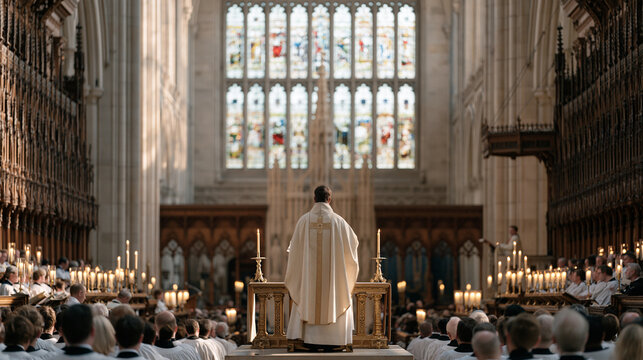 Wide interior of grand Gothic cathedral during episcopal installation ceremony, bishop seated on ornate throne at far end of nave while robed choir sings in carved wooden stalls