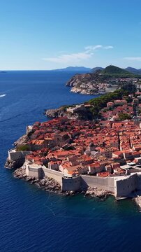 Dubrovnik, Croatia, aerial view of the historic old town, ancient stone walls, and red tile roofs along the Adriatic Sea coastline