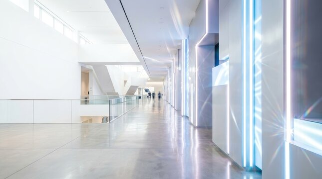 Bright, modern corridor illuminates a spacious interior. Vertical LED light strips line the walls, casting a cool blue glow.