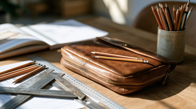An architect's personal drafting satchel tipped open on a studio desk spilling scale rulers, a worn set square, sketching pencils, and a thumb-worn reference booklet, design