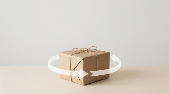 A small, square gift box is wrapped in brown paper and tied with twine. The box rotates slowly on a light beige surface.