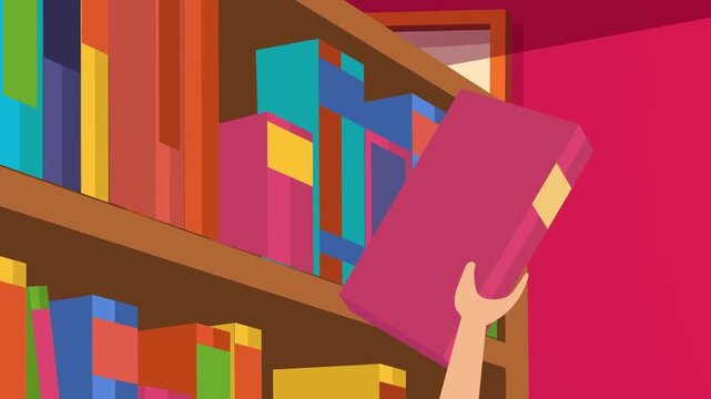 Person pulling out a bright pink book from a wooden bookshelf in animated vector footage clip