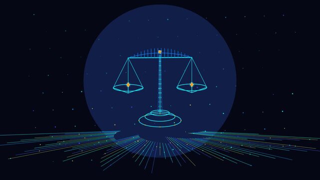 Futuristic glowing digital scales of justice animation on dark background, for law, legal, and corporate ethics concepts