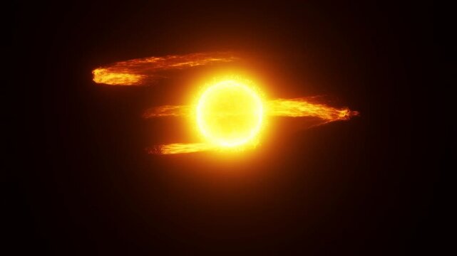 Static shot of glowing star with fiery plasma streams orbiting and emitting flares in deep space void