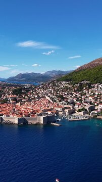 Dubrovnik, Croatia, aerial footage of the historic old town, medieval walls, and the Adriatic sea