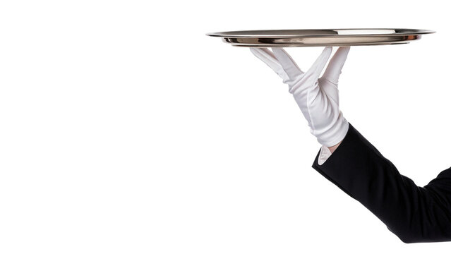 Gloved waiter hand holding empty silver restaurant serving platter tray isolated on transparent background