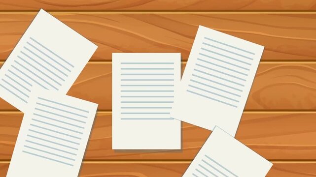 Paper sheets falling randomly on wooden surface in smooth animated background stock video footage