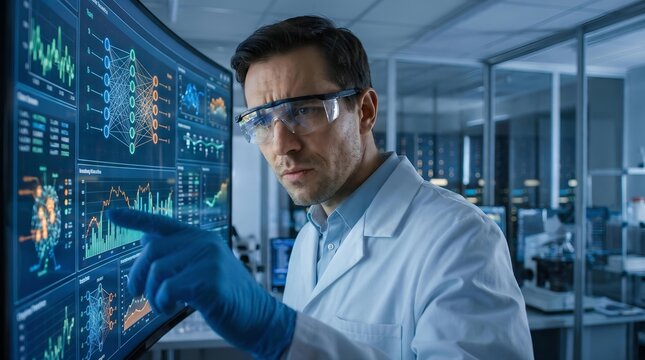 A male scientist in a lab coat and safety glasses analyzes AI-powered data visualizations on a digital display in a modern research laboratory.