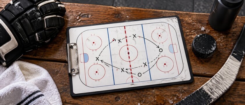 Hockey Strategy Clipboard with Gloves Stick and Puck on Wooden Bench