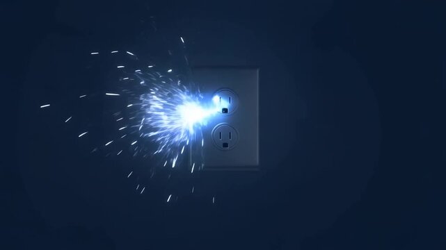 Slow motion static close up of electrical spark arcing from wall outlet in dark interior room with flying sparks and glowing blue light