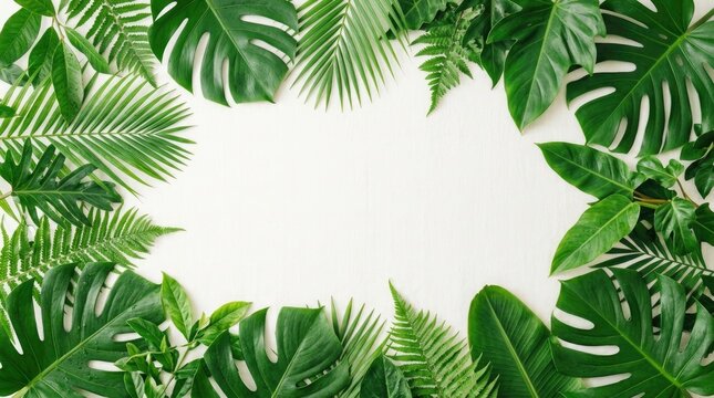 A lush arrangement of vibrant green tropical leaves frames a white background. The leaves, including monstera and fern varieties, create a natural border.