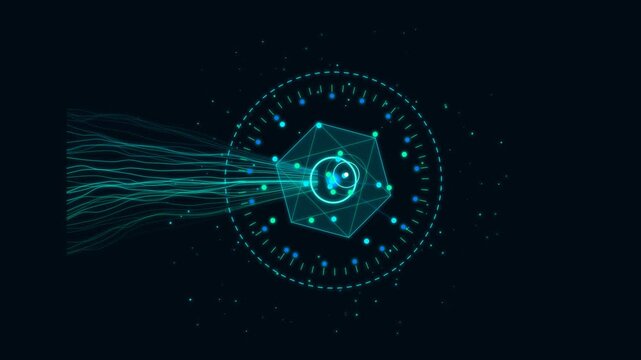 Futuristic hud cyber interface with glowing geometric polyhedron, data stream lines, and particle network