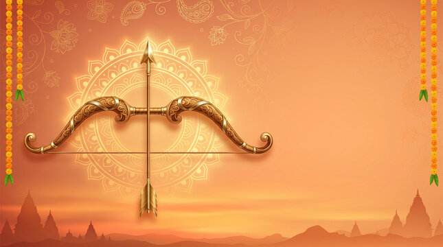 Dussehra festival background with traditional golden bow and arrow