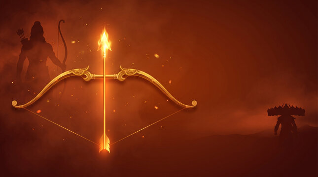 Golden bow and flaming arrow representing victory of good over evil