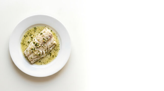 Spanish hake fillet in garlic and parsley sauce on a white plate