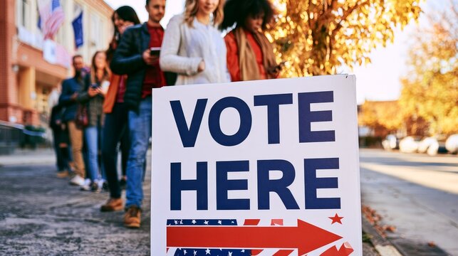 Vote here sign with diverse adults standing outside a polling location on an autumn city sidewalk, civic participation and local election signage