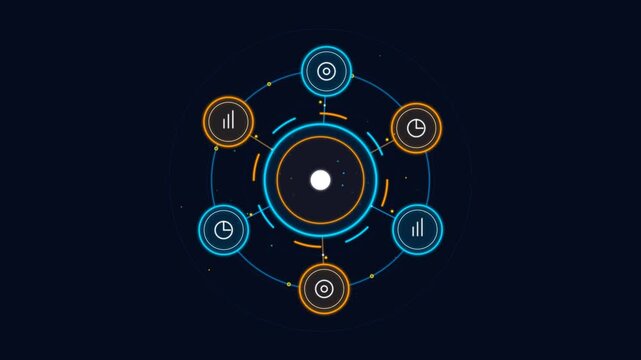 Futuristic hud technology interface with rotating circular data analytics graphs and financial indicators for corporate presentations and digital business backgrounds