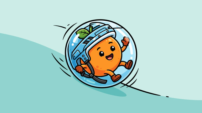 Orange fruit mascot rolling inside a transparent zorbing ball.