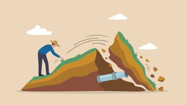 Second order thinking unintended chain concept gardener plucking single weed causing soil bank to slide down and expose underlying water pipe clean minimal flat vector illustration