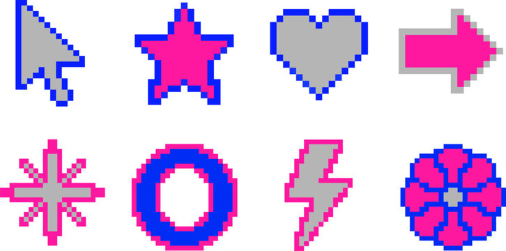Retro Pixel Art Icons Collection with Cursor Heart Star Arrow and Lightning Bolt